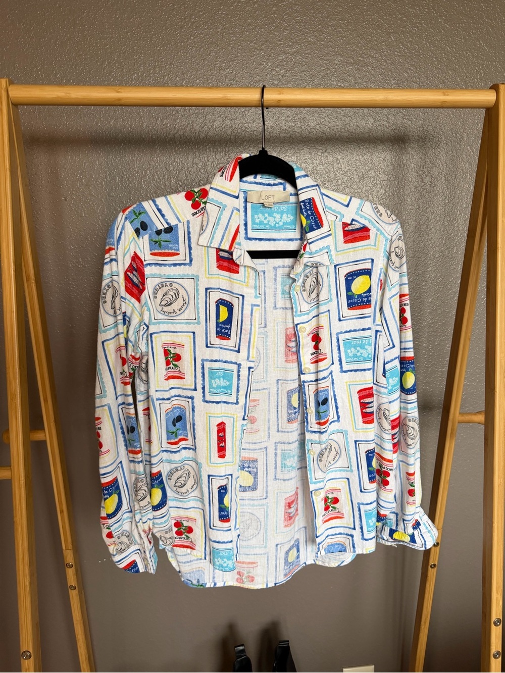 LOFT White Button-Down Shirt with Red, Blue and Yellow Stamp Print